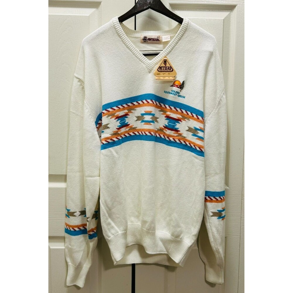 Vintage 90s Antigua Southwestern Geometric Knit V-Neck Sweater NWT XL